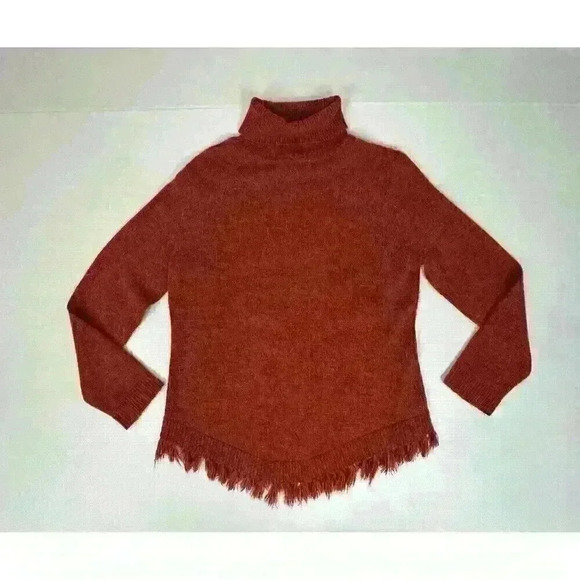 Denim Moves Womens Med Red Sweater Turtle Neck Floral Embroidery Fringe Hem - Picture 9 of 11